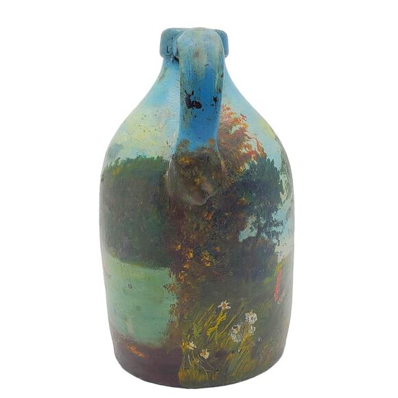 Antique Hand Painted Ceramic Jug Folk Art Landscape Pitcher Stoneware Primitive - Picture 7 of 10